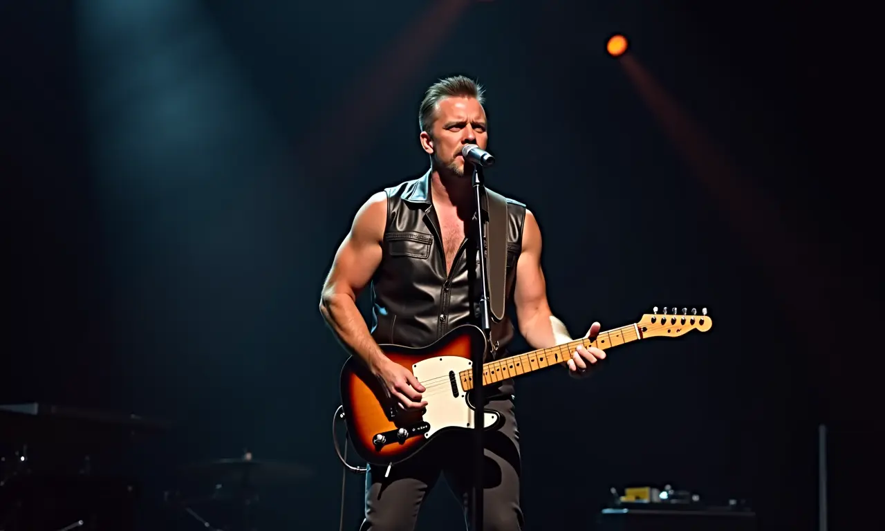 Colete de couro: homem roqueiro tocando guitarra no palco.