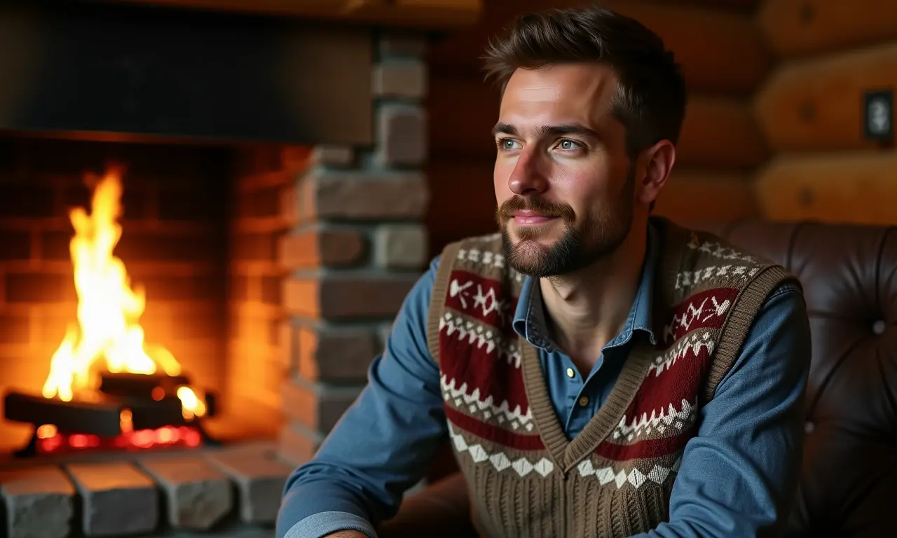Colete de tricô: homem confortável em cabana aconchegante.