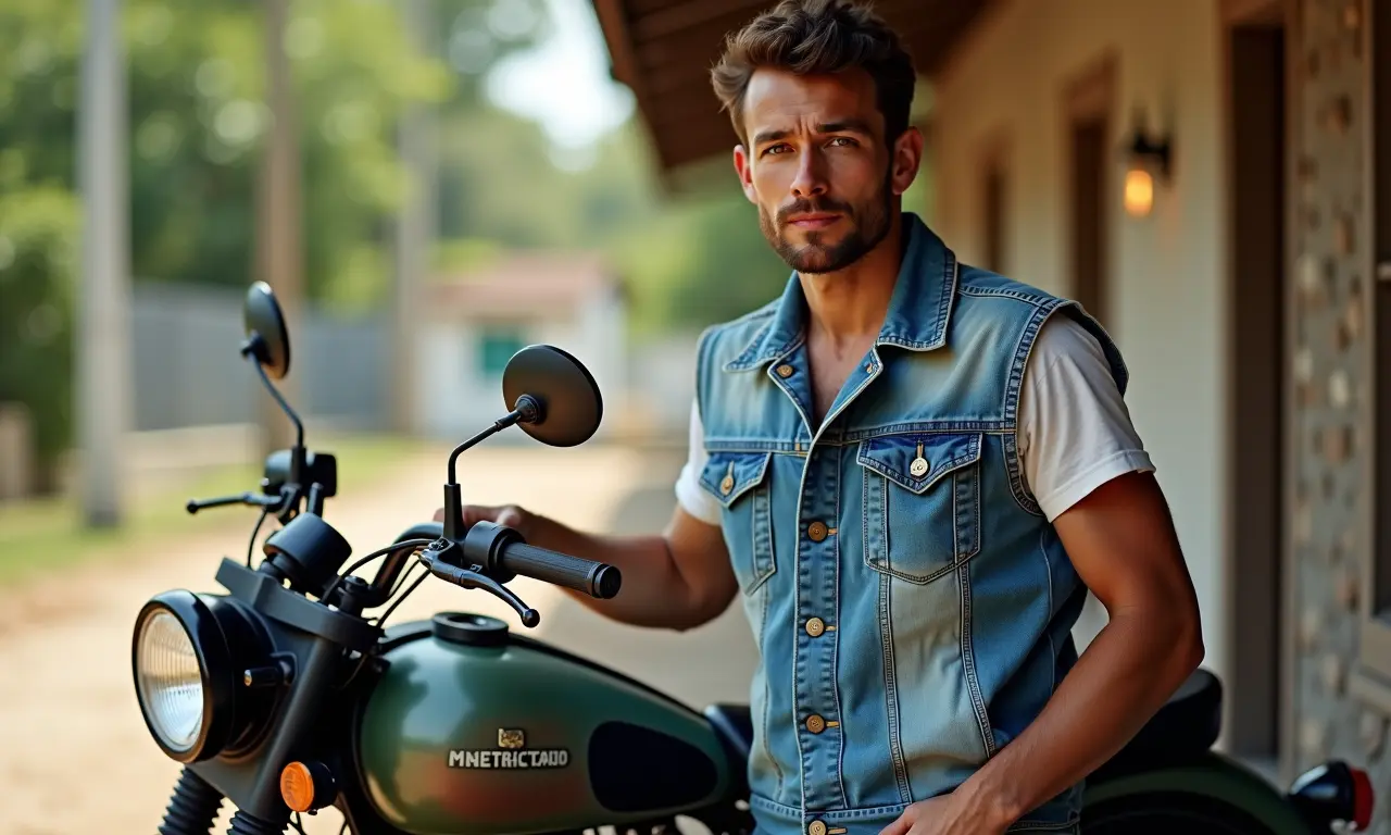 Colete jeans: homem estiloso com moto vintage no Brasil.
