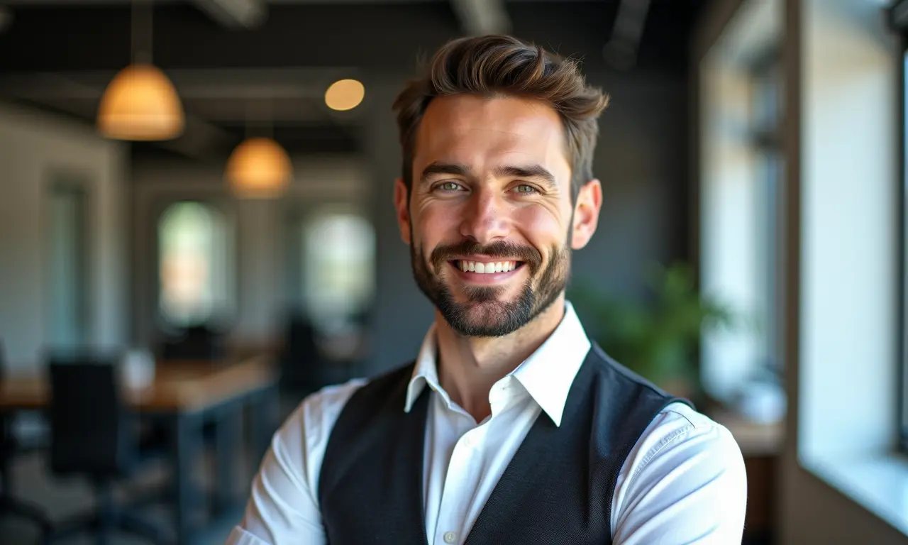 Colete no ambiente de trabalho: homem elegante em escritório.