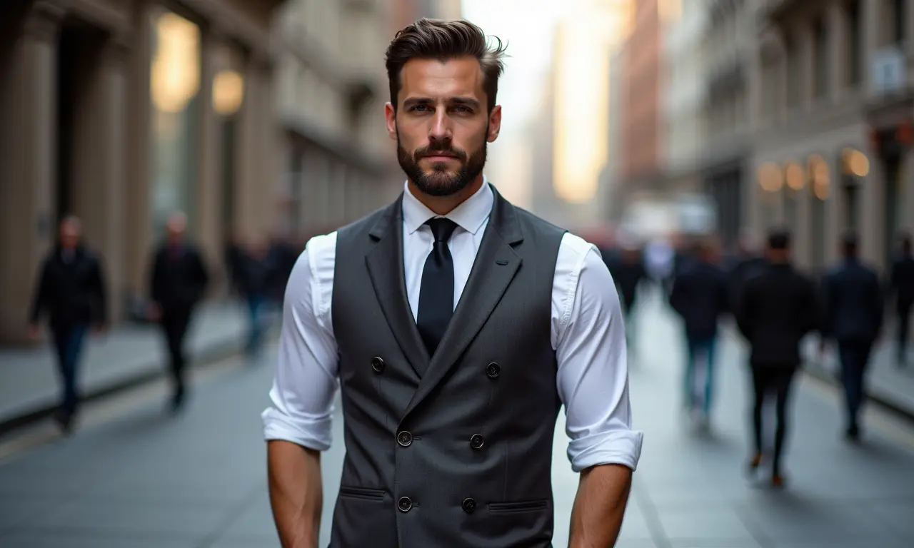 Colete transpassado: homem elegante em cenário urbano.