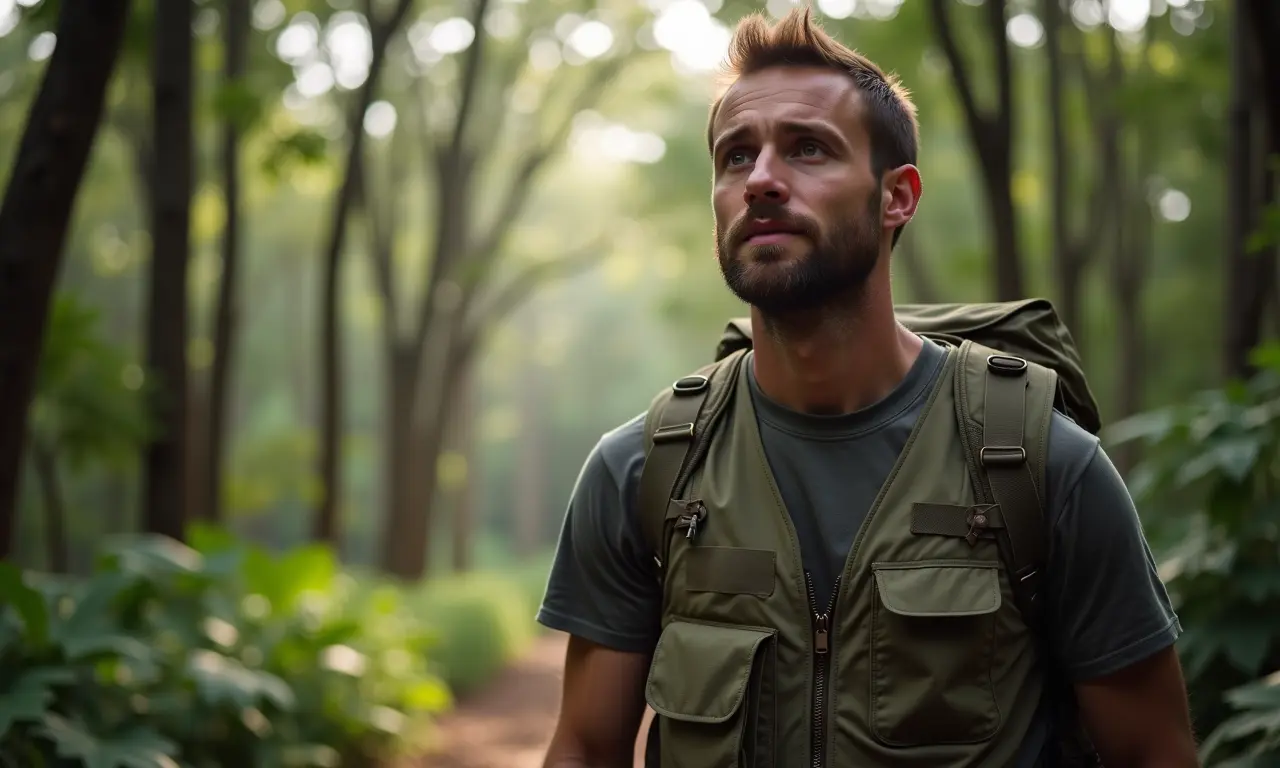 Colete utilitário: homem praticando trilha em floresta.