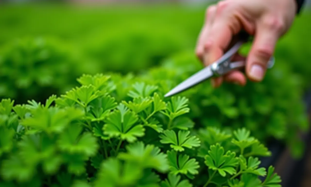 Colhendo folhas de salsinha com tesoura.