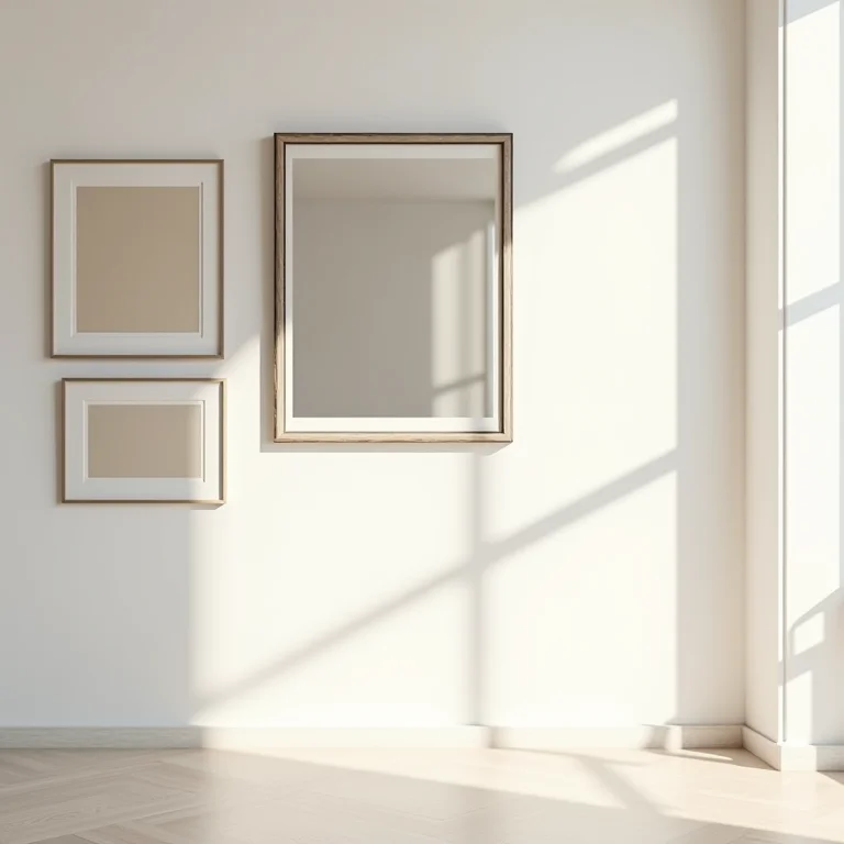 Combinação de quadros e espelho em uma parede decorada.