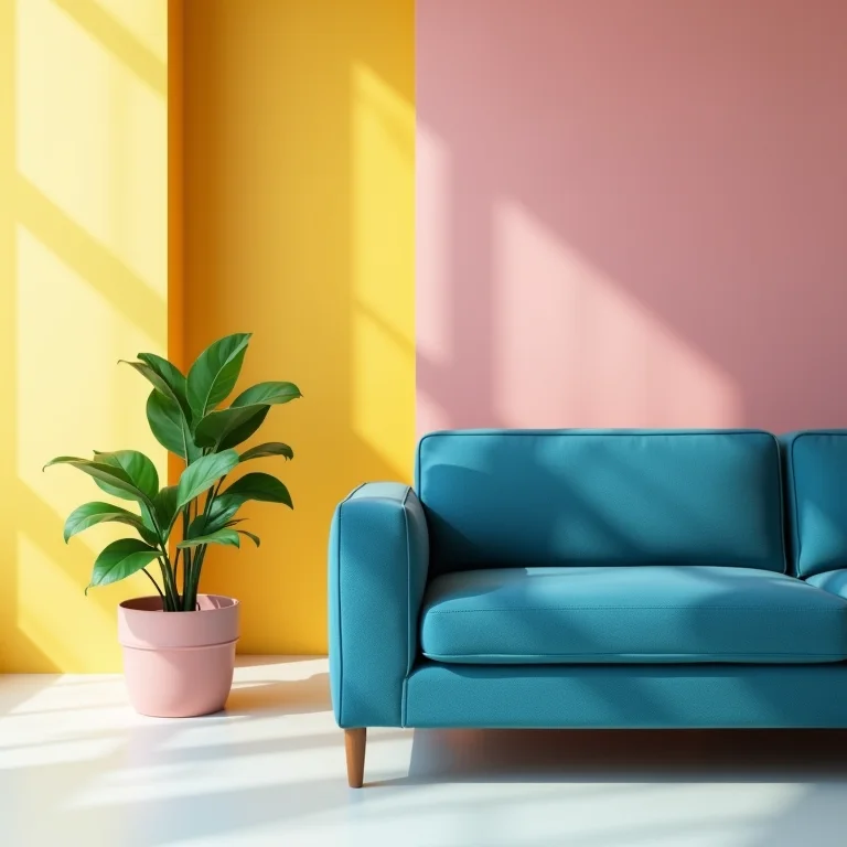 Combinações de cores para sofá azul, como amarelo mostarda, rosa claro e verde esmeralda