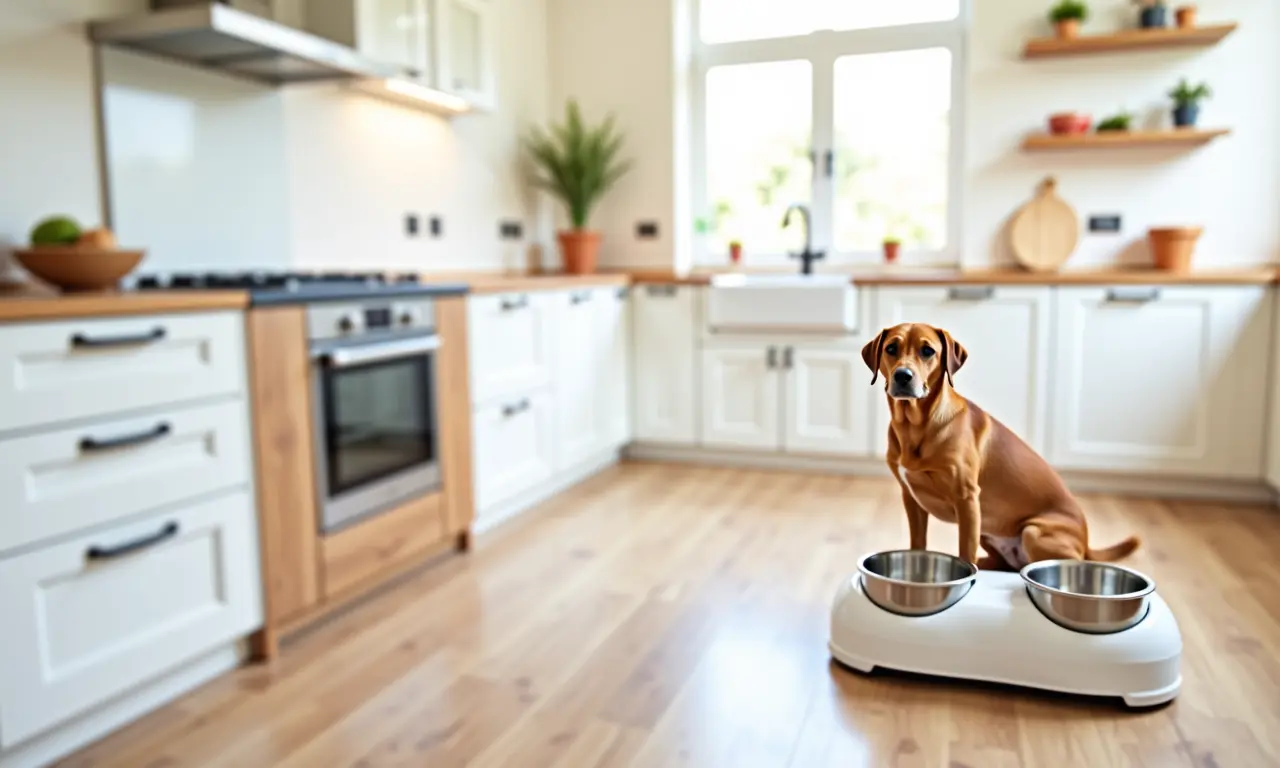 Comedouros e bebedouros elevados para cães em cozinha moderna.
