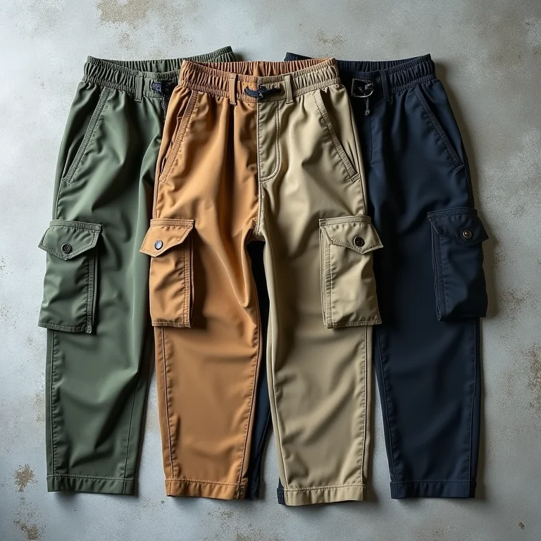 Composição de calças cargo em diferentes cores e tecidos