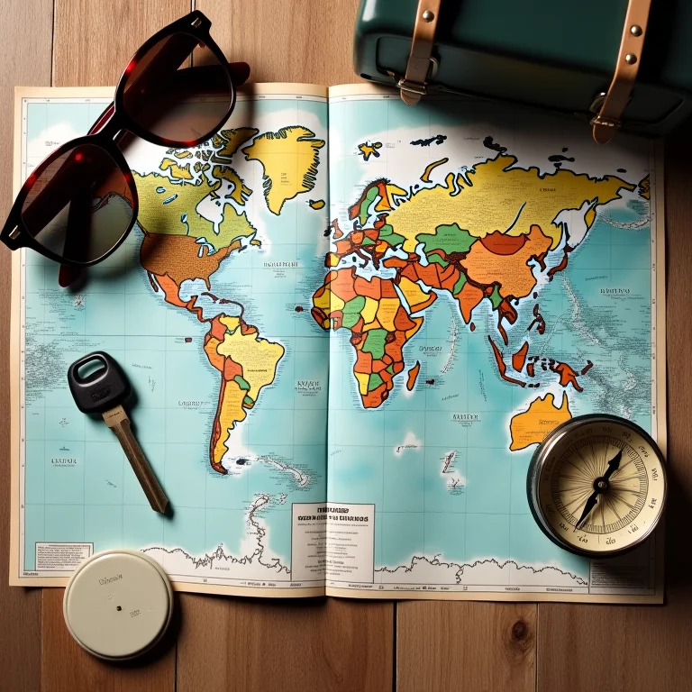 Composição de mapas rodoviários, bússola e óculos de sol