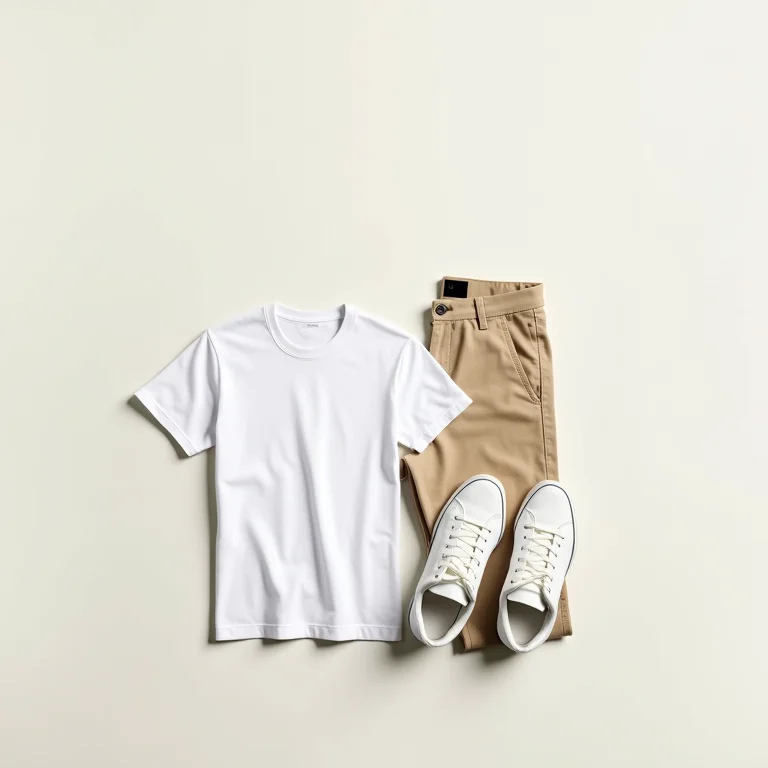 Composição flat lay com calça chino cáqui, camiseta branca e tênis branco.