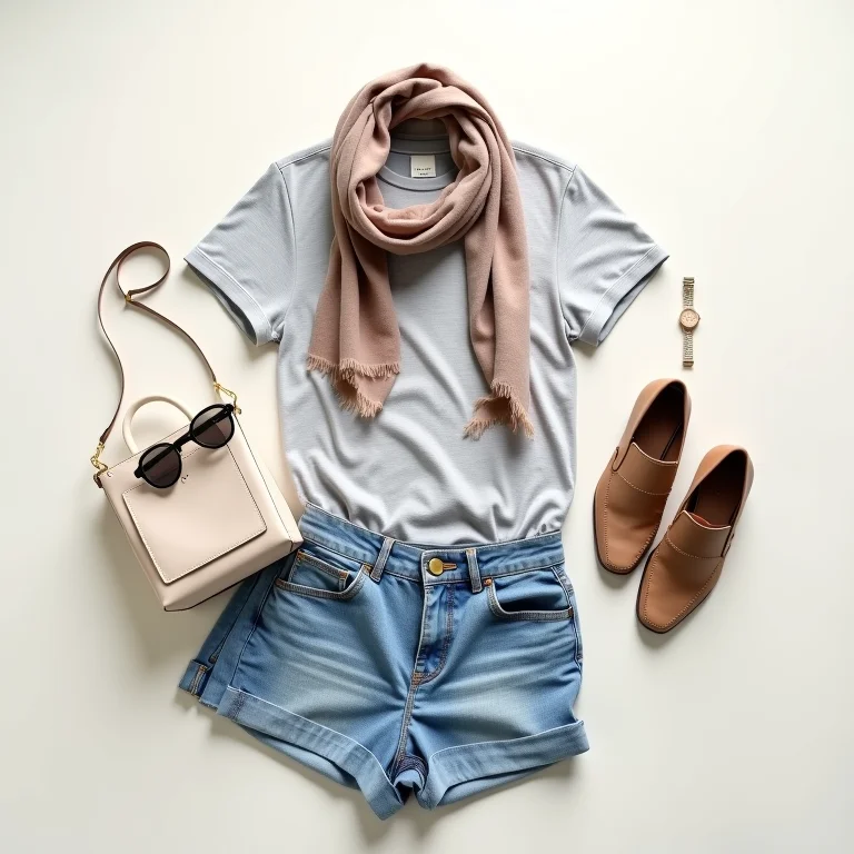 Composição minimalista de roupas e acessórios de moda para compras nos EUA.