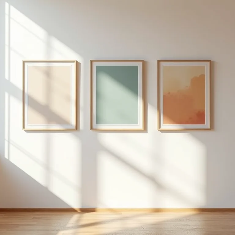 Composição minimalista de três quadros em uma parede neutra.