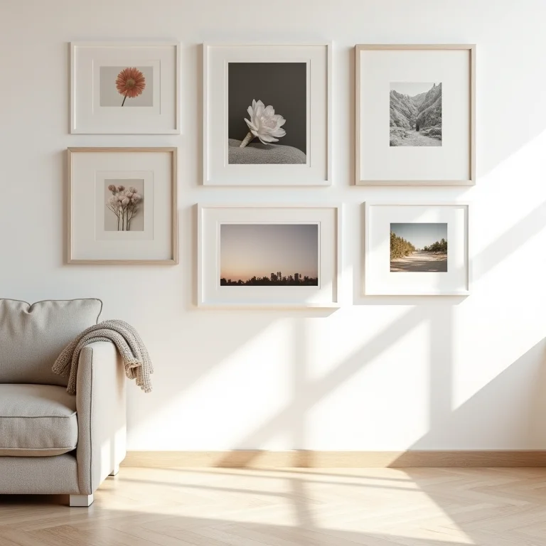 Composição moderna de uma gallery wall com quadros diversos.