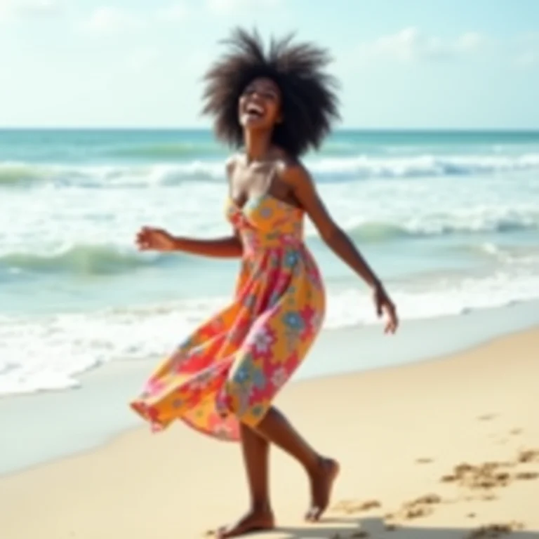 Convidada negra dançando descalça na areia em casamento na praia