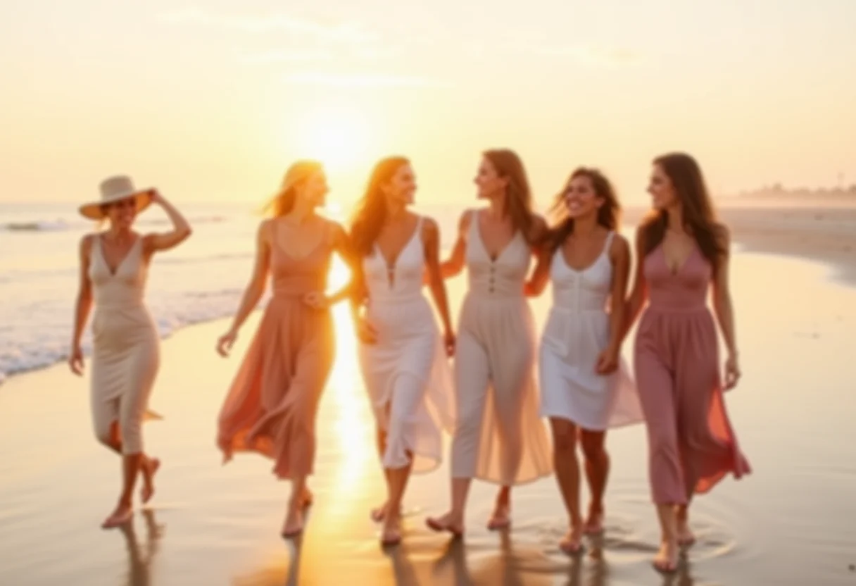 Convidadas de casamento na praia caminhando juntas ao pôr do sol