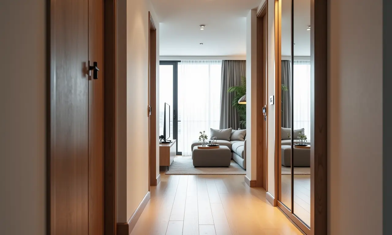 Corredor de apartamento pequeno com espelho amplo.