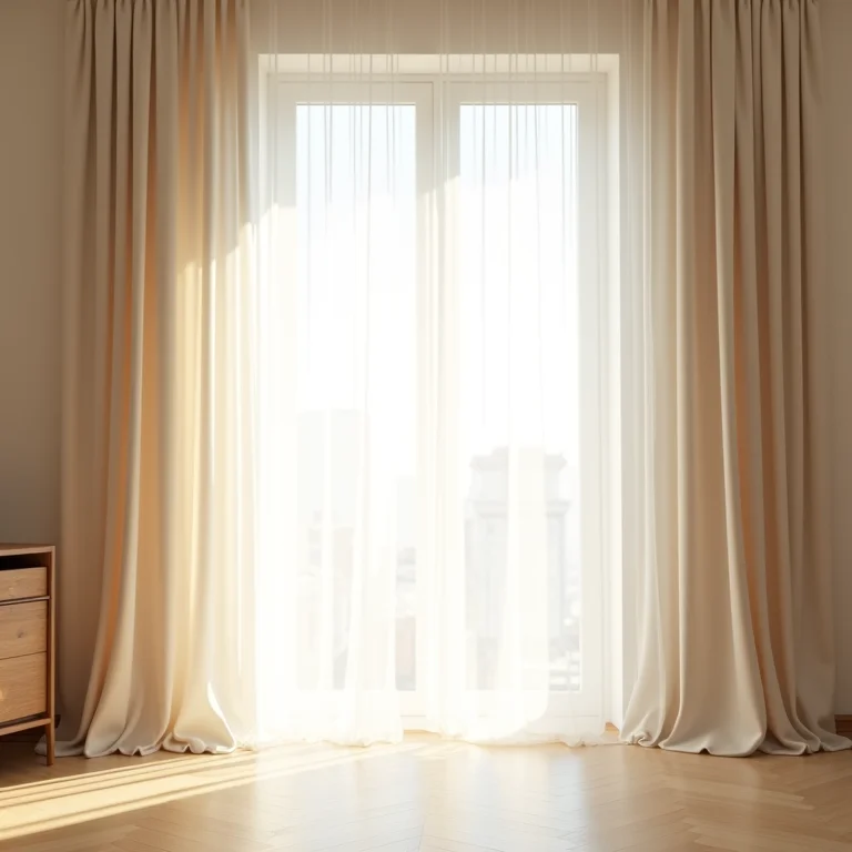 Cortinas longas e fluidas em sala de estar com pé direito duplo