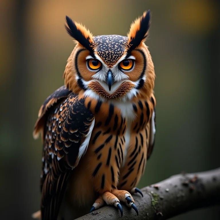 Coruja com olhos de âmbar hipnotizantes.