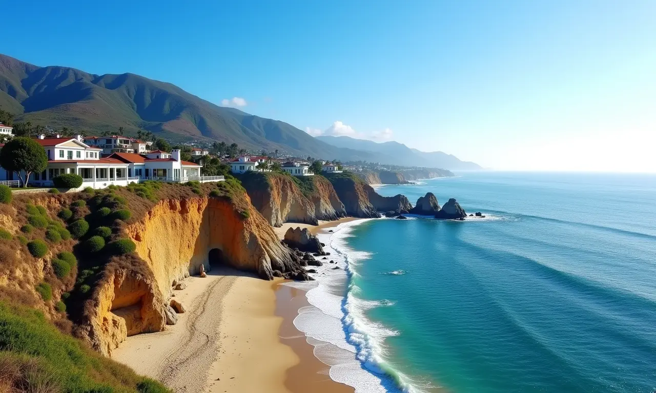 Costa de Malibu com casas de luxo nas falésias e praias deslumbrantes.