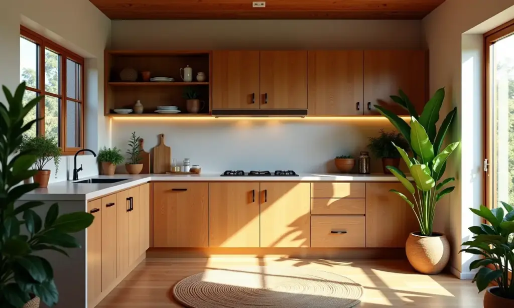 Cozinha aconchegante com armários de madeira clara e decoração brasileira.