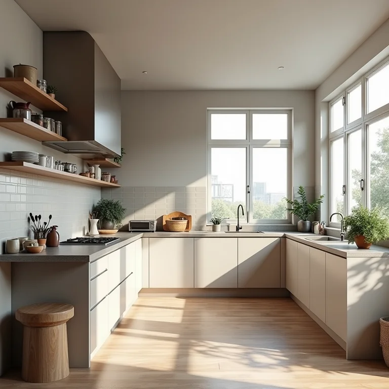 Cozinha americana com layout disfuncional e bancada desorganizada