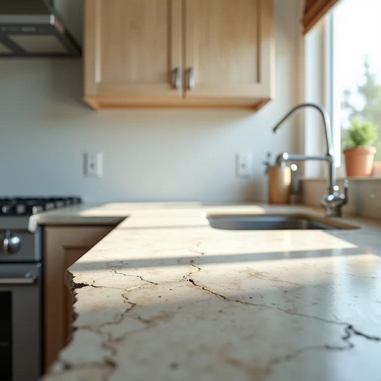 Cozinha americana com materiais de baixa qualidade e sinais de desgaste