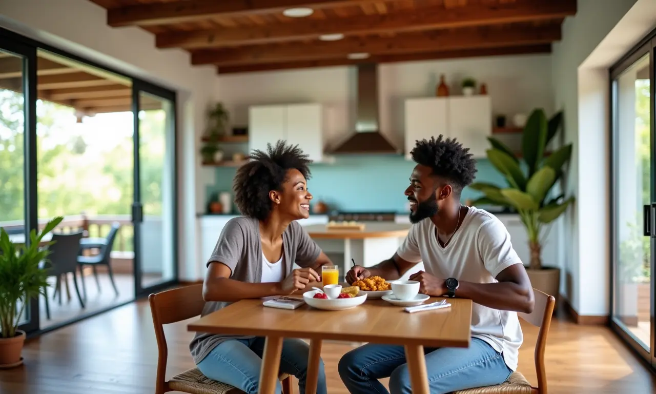 Cozinha americana integrada à sala de estar com decoração vibrante e casal tomando café da manhã.