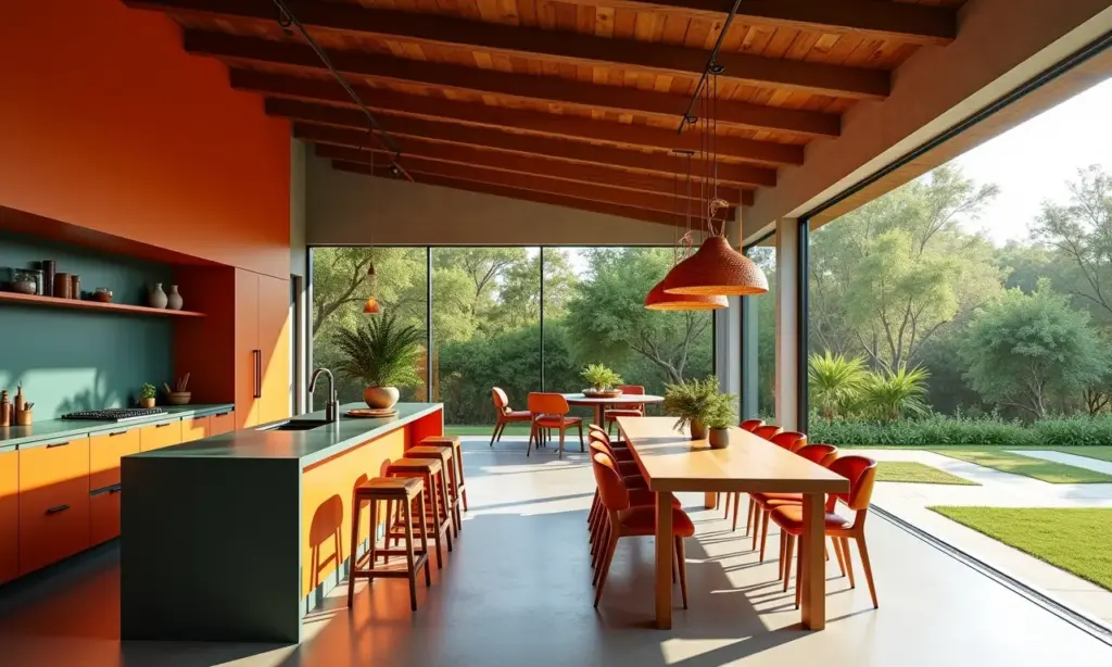 Cozinha americana integrada com sala de jantar, estilo brasileiro vibrante.