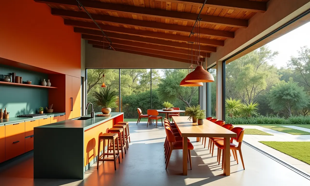 Cozinha americana integrada com sala de jantar, estilo brasileiro vibrante.