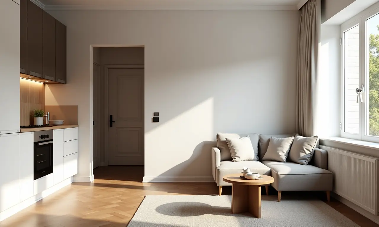 Cozinha americana integrada em um espaço pequeno, otimizada para apartamentos compactos.