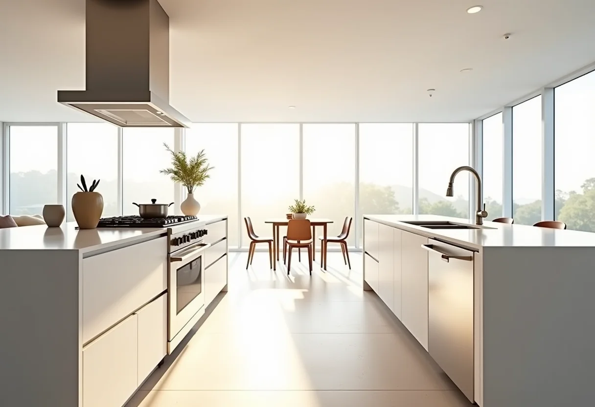 Cozinha americana planejada com design moderno e iluminação natural