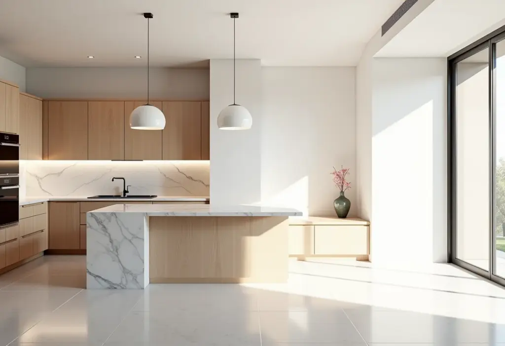 Cozinha americana planejada com ilha central e decoração moderna