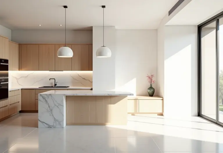 Cozinha americana planejada com ilha central e decoração moderna