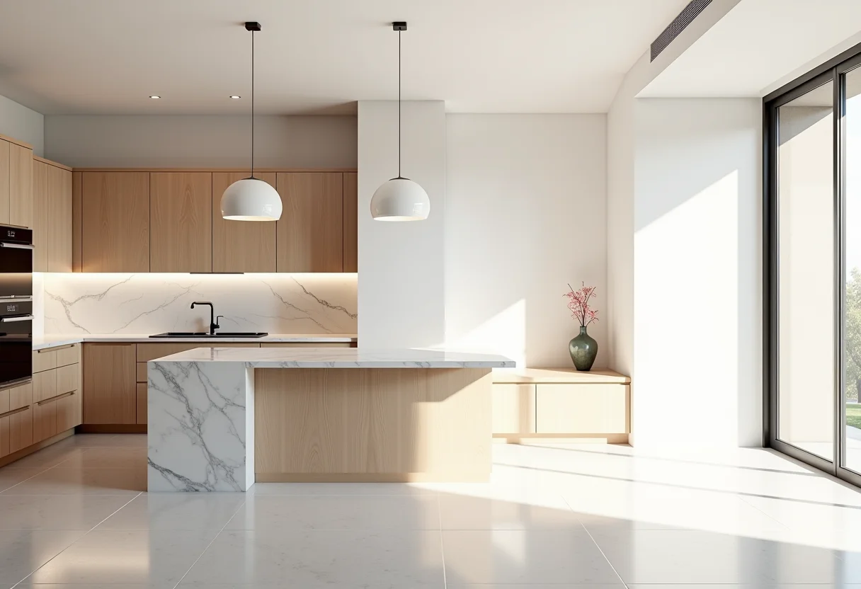 Cozinha americana planejada com ilha central e decoração moderna