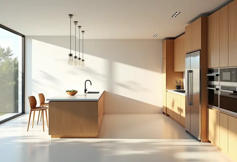 Cozinha americana planejada com ilha central e detalhes em madeira.