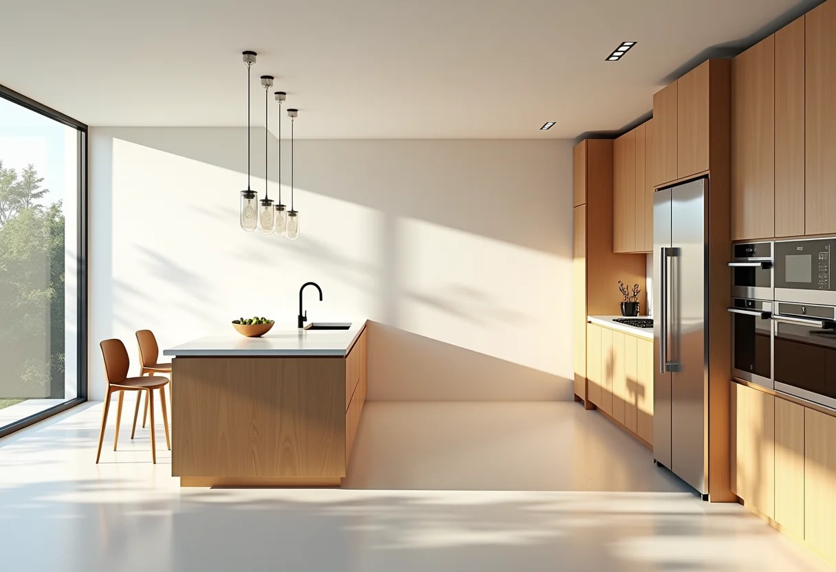 Cozinha americana planejada com ilha central e detalhes em madeira.