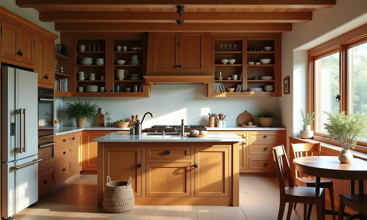 Cozinha atemporal com armários de madeira e ambiente acolhedor.