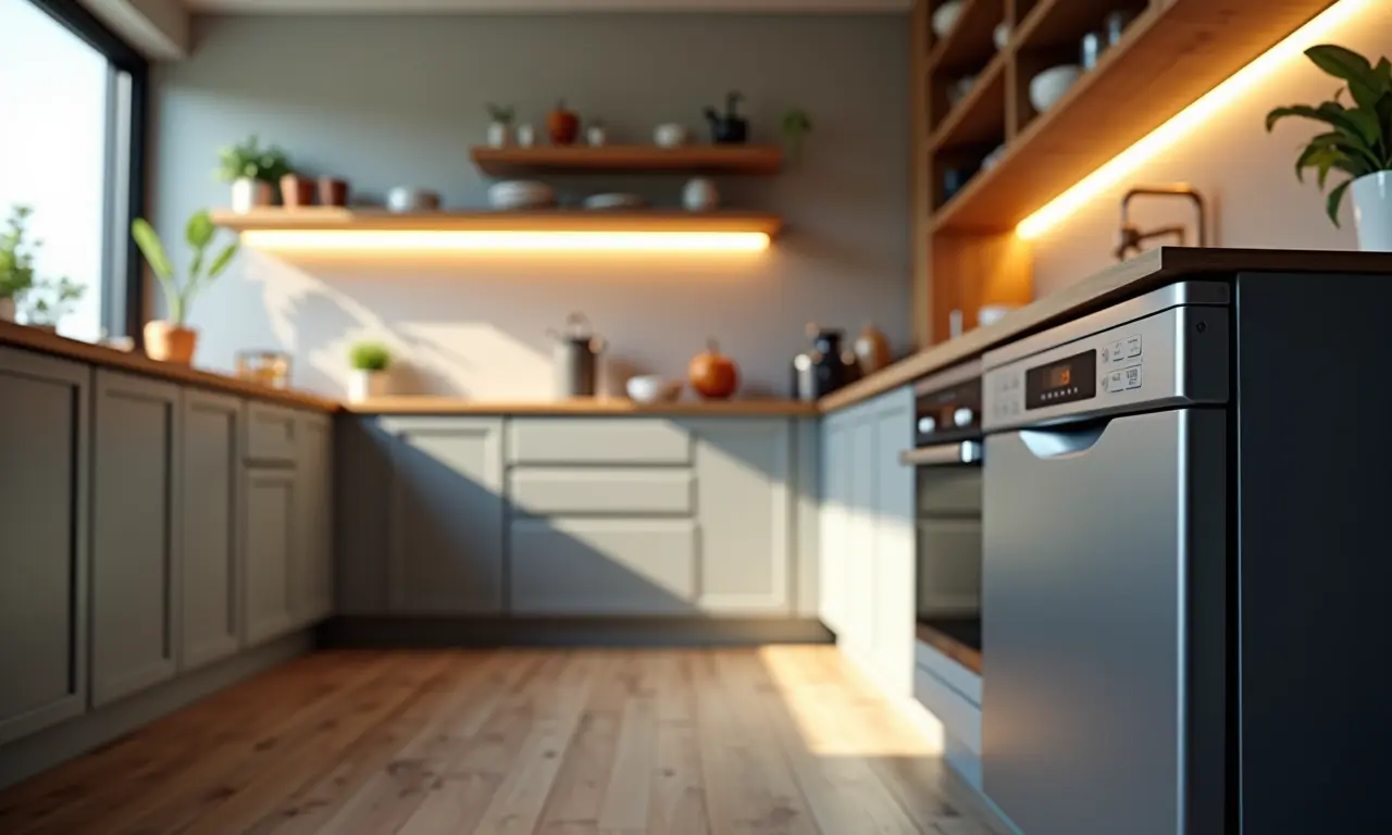 Cozinha bem iluminada com lava-louças moderna, priorizando a iluminação.