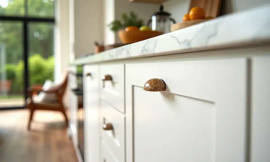 Cozinha com Puxador Concha: O Detalhe Retrô que Encanta Cozinha charmosa com puxadores concha e decoração vibrante.