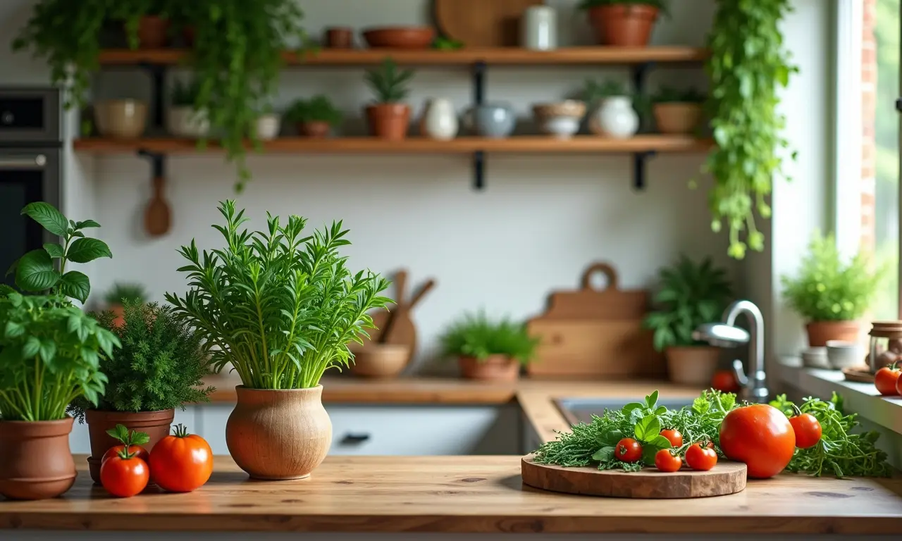 Cozinha charmosa decorada com ervas e flores artificiais em estilo Farm Rio.