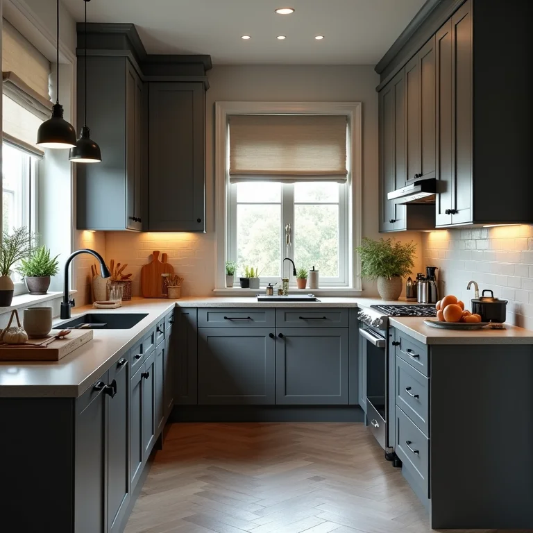 Cozinha cinza com armários inacessíveis, layout impraticável e balcões desordenados.