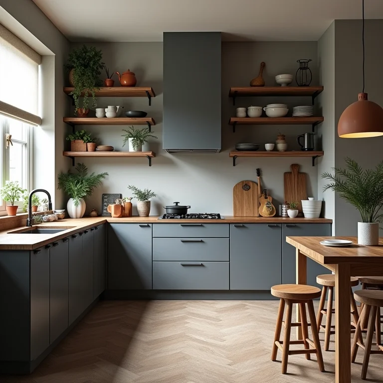 Cozinha cinza com cores conflitantes e acessórios incompatíveis.