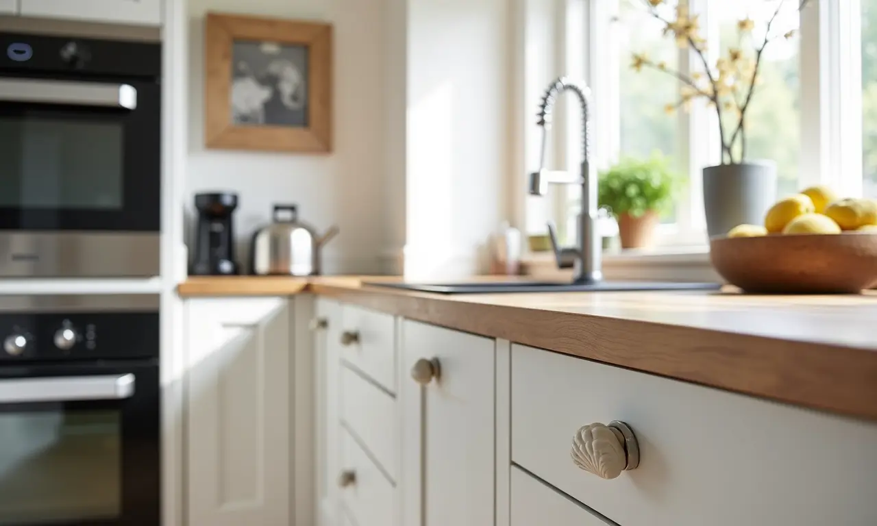 Cozinha clássica com puxadores concha e toques modernos.