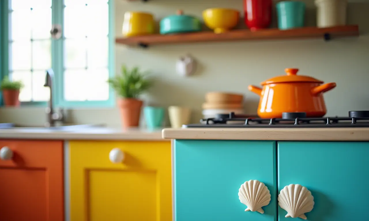 Cozinha colorida com alegria vintage dos puxadores concha.