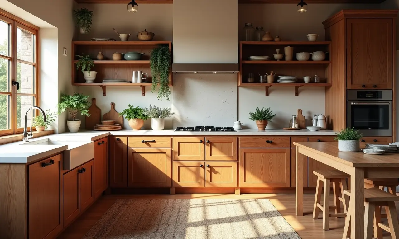 Cozinha com armários de madeira e cores harmoniosas.