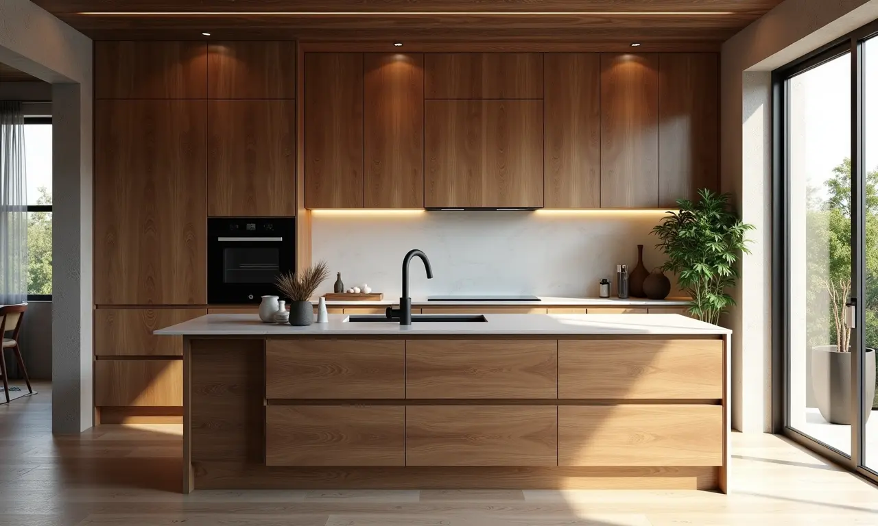 Cozinha com armários de madeira integrados em design rústico-moderno.