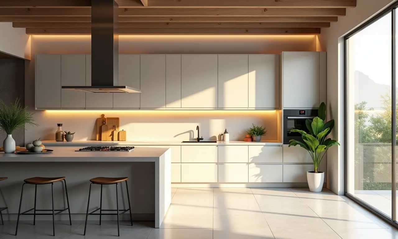 Cozinha com cores claras e iluminação natural.