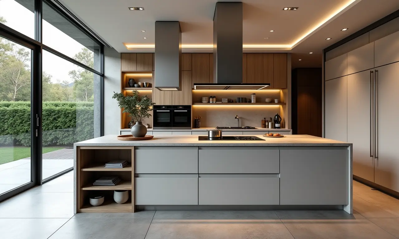 Cozinha com ilha central integrada ao ambiente.