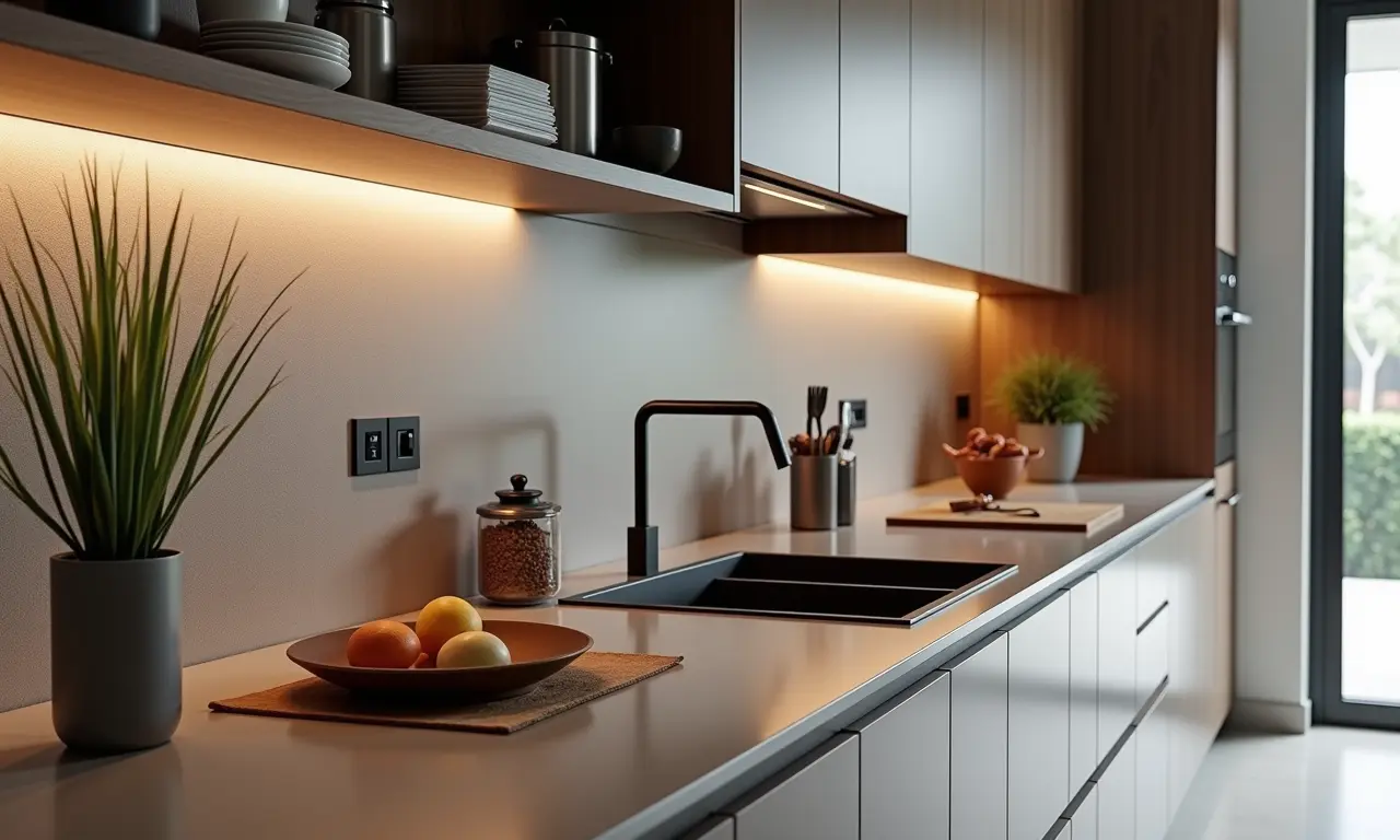 Cozinha com revestimentos modernos e funcionais.