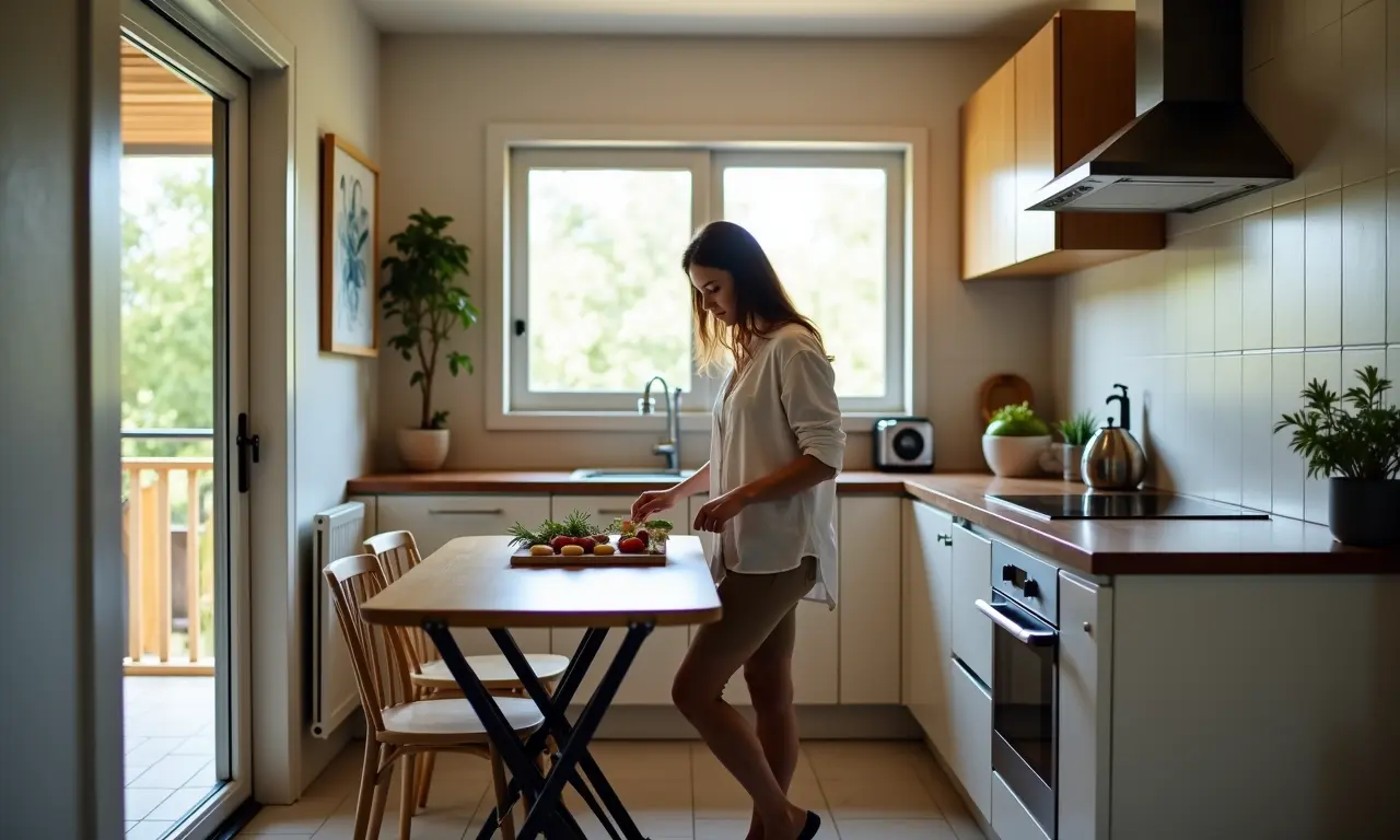 Cozinha compacta com mesa dobrável e uma mulher preparando comida.