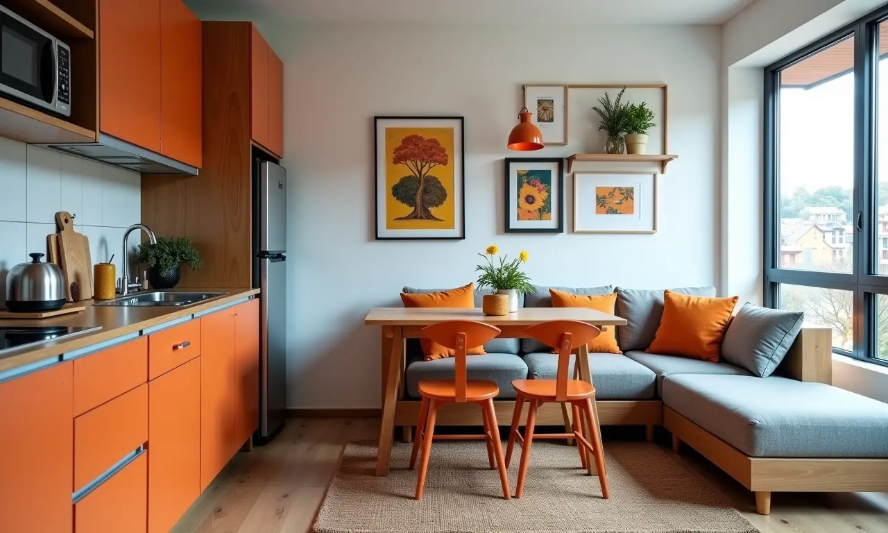 Cozinha de apartamento pequeno com mesa dobrável e sofá-cama multifuncional.